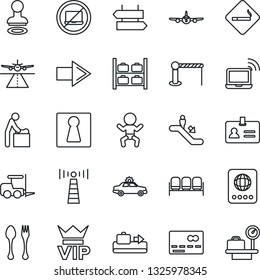 Thin Line Icon Set - runway vector, antenna, baggage conveyor, barrier, spoon and fork, escalator, no laptop, smoking place, signpost, female, waiting area, vip, credit card, alarm car, baby, room