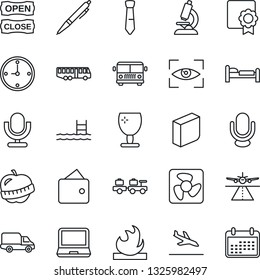 Thin Line Icon Set - runway vector, arrival, airport bus, bed, baggage larry, microscope, diet, car delivery, fragile, flammable, microphone, laptop pc, sertificate, clock, blank box, tie, pen, pool