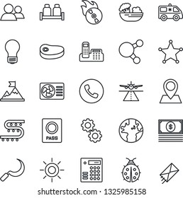 Thin Line Icon Set - runway vector, phone, passport, bulb, lady bug, sun, sickle, drip irrigation, ambulance car, earth, pin, flame disk, share, group, office, salad, salt and pepper, steak, gear