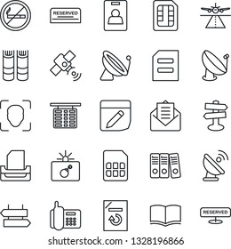 Thin Line Icon Set - runway vector, satellite antenna, no smoking, signpost, bomb in case, flight table, book, document, reload, office phone, mail, sim, notes, face id, identity card, paper binder