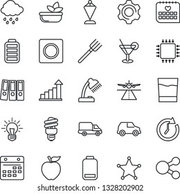 Thin Line Icon Set - runway vector, growth statistic, pennant, farm fork, rain, medical calendar, car delivery, battery, low, settings, record, paper binder, desk lamp, drink, cocktail, salad, chip