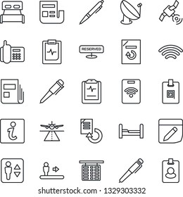 Thin Line Icon Set - runway vector, elevator, escalator, flight table, pen, document reload, pulse clipboard, office phone, satellite antenna, notes, wireless, news, identity card, bedroom, reserved