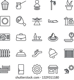 Thin Line Icon Set - runway vector, escalator, stamp, shop, plane, gear, case, fence, seedling, garden light, cargo container, heavy scales, bell, record, fridge, crane, alcohol, reception, ham