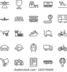 Thin Line Icon Set - runway vector, taxi, arrival, baggage trolley, airport bus, parking, train, waiting area, plane, building, wheelbarrow, ambulance car, bike, railroad, sea shipping, delivery