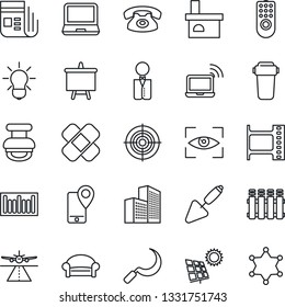 Thin Line Icon Set - runway vector, waiting area, wireless notebook, presentation board, trowel, sickle, fireplace, patch, mobile tracking, barcode, film frame, news, laptop pc, office building