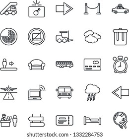 Thin Line Icon Set - runway vector, fence, airport bus, passport control, escalator, alarm clock, no laptop, trash bin, signpost, waiting area, credit card, ticket, car, bomb in case, bed, left