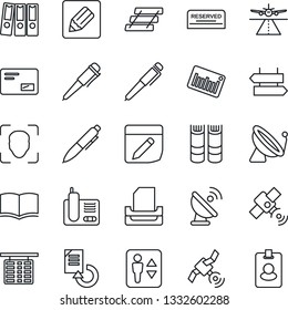 Thin Line Icon Set - runway vector, satellite antenna, elevator, signpost, flight table, book, pen, document reload, barcode, radio phone, mail, notes, face id, paper binder, tray, reserved