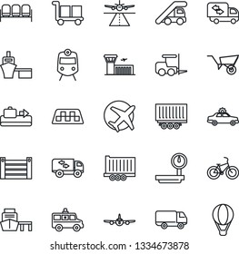 Thin Line Icon Set - runway vector, taxi, baggage conveyor, train, waiting area, alarm car, fork loader, ladder, plane, airport building, wheelbarrow, ambulance, bike, truck trailer, delivery, cargo