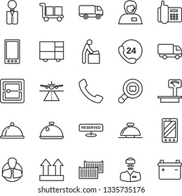 Thin Line Icon Set - runway vector, reception bell, baby room, mobile phone, doctor, office, 24 hours, support, client, cargo container, car delivery, consolidated, up side sign, heavy scales, call