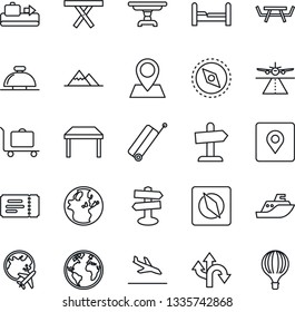 Thin Line Icon Set - runway vector, suitcase, arrival, baggage conveyor, trolley, ticket, reception bell, plane globe, picnic table, route, signpost, earth, pin, sea shipping, place tag, compass