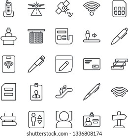 Thin Line Icon Set - runway vector, elevator, escalator, signpost, reception, flight table, identity card, pen, document, office phone, satellite, mail, sim, notes, wireless, face id, news, pass