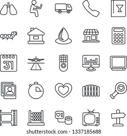 Thin Line Icon Set - runway vector, statistic monitor, water drop, caterpillar, heart, blood pressure, diagnostic, lungs, car delivery, film frame, tv, call, stopwatch, calendar, photo gallery