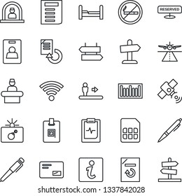 Thin Line Icon Set - runway vector, escalator, no smoking, signpost, bomb in case, reception, document, reload, pulse clipboard, barcode, satellite, mail, sim, wireless, identity card, pen, bedroom