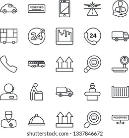 Thin Line Icon Set - runway vector, airport bus, 24 around, baby room, reception, doctor, hours, client, cargo container, car delivery, consolidated, up side sign, heavy scales, search, cell phone