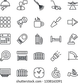 Thin Line Icon Set - runway vector, right arrow, speaking man, crisis graph, trowel, fence, rake, lawn mower, disabled, truck trailer, microphone, menu, clock, calendar, torch, desk lamp, bedroom