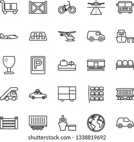 Thin Line Icon Set - runway vector, taxi, baggage conveyor, airport bus, parking, waiting area, alarm car, ladder, plane, helicopter, seat map, bike, earth, railroad, truck trailer, sea port