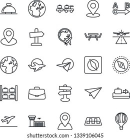 Thin Line Icon Set - runway vector, taxi, departure, baggage conveyor, reception bell, larry, luggage storage, plane globe, airport building, case, picnic table, signpost, navigation, earth, pin