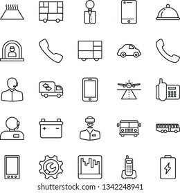Thin Line Icon Set - runway vector, airport bus, reception, mobile phone, doctor, office, car delivery, consolidated cargo, cell, call, scanner, root setup, support, moving, waiter, dish, warm floor