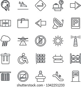 Thin Line Icon Set - runway vector, antenna, satellite, arrival, suitcase, parking, automatic door, escalator, no mobile, laptop, smoking place, trash bin, signpost, disabled, reception, right arrow