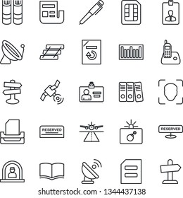 Thin Line Icon Set - runway vector, satellite antenna, bomb in case, reception, identity card, book, document, reload, signpost, barcode, radio phone, sim, face id, news, paper binder, tray, pen