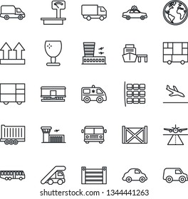 Thin Line Icon Set - runway vector, arrival, airport bus, alarm car, ladder, seat map, building, ambulance, earth, truck trailer, delivery, sea port, container, consolidated cargo, fragile, railroad