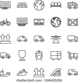 Thin Line Icon Set - runway vector, taxi, train, waiting area, ladder car, ambulance, bike, earth, sea shipping, truck trailer, delivery, container, consolidated cargo, fragile, up side sign