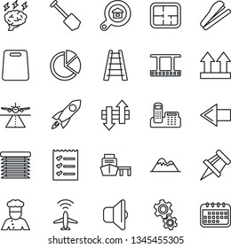 Thin Line Icon Set - runway vector, plane radar, left arrow, brainstorm, job, ladder, sea port, up side sign, film frame, data exchange, drawing pin, pie graph, office phone, checklist, stapler