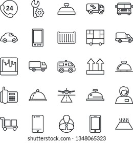 Thin Line Icon Set - runway vector, airport bus, reception bell, mobile phone, ambulance car, office, 24 hours, support, client, cargo container, delivery, consolidated, up side sign, cell, scanner