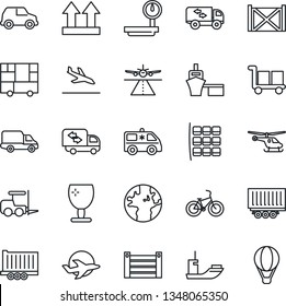 Thin Line Icon Set - runway vector, arrival, fork loader, helicopter, seat map, ambulance car, bike, earth, plane, sea shipping, truck trailer, delivery, port, container, consolidated cargo, fragile