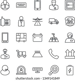 Thin Line Icon Set - runway vector, reception, mobile phone, doctor, office, 24 hours, support, client, car delivery, consolidated cargo, up side sign, search, call, scanner, waiter, reserved