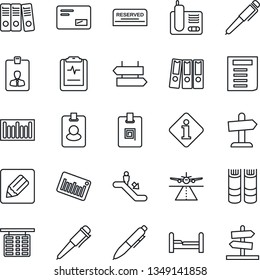 Thin Line Icon Set - runway vector, escalator, signpost, flight table, identity card, book, pen, document, pulse clipboard, barcode, radio phone, mail, notes, paper binder, bedroom, reserved, pass