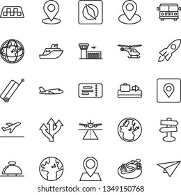 Thin Line Icon Set - runway vector, taxi, suitcase, departure, baggage conveyor, airport bus, ticket, reception bell, plane, helicopter, building, route, signpost, earth, pin, sea shipping, compass