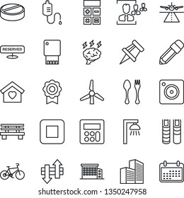 Thin Line Icon Set - runway vector, spoon and fork, calculator, brainstorm, bench, dropper, pills, bike, stop button, mobile camera, data exchange, sertificate, drawing pin, office building, hr