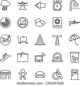 Thin Line Icon Set - runway vector, antenna, suitcase, baggage trolley, 24 around, umbrella, escalator, alarm clock, no laptop, trash bin, waiting area, wireless notebook, baby, disabled, passport