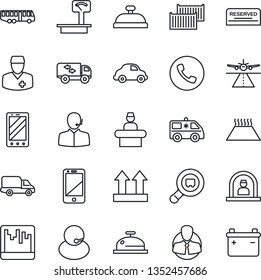 Thin Line Icon Set - runway vector, airport bus, phone, reception, mobile, ambulance car, doctor, support, client, cargo container, delivery, up side sign, heavy scales, search, cell, scanner