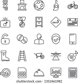 Thin Line Icon Set - runway vector, smoking place, bomb in case, medal, statistic monitor, ladder, wheelbarrow, boot, fireplace, pills, tomography, bike, no hook, shield, network, cell phone, themes