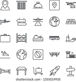 Thin Line Icon Set - runway vector, taxi, arrival, baggage conveyor, trolley, airport bus, signpost, reception bell, bed, boarding, helicopter, flight table, luggage storage, building, case, picnic