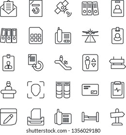 Thin Line Icon Set - runway vector, elevator, escalator, signpost, reception, identity card, book, document reload, pulse clipboard, office phone, satellite, radio, mail, sim, notes, face id, tray