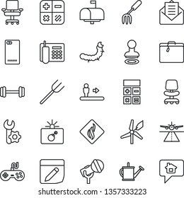 Thin Line Icon Set - runway vector, suitcase, escalator, bomb in case, stamp, office chair, calculator, garden fork, farm, watering can, caterpillar, barbell, microphone, gamepad, mail, phone back