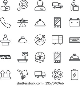 Thin Line Icon Set - runway vector, airport bus, 24 around, reception bell, baby room, mobile phone, doctor, client, car delivery, consolidated cargo, up side sign, heavy scales, search, call, dish