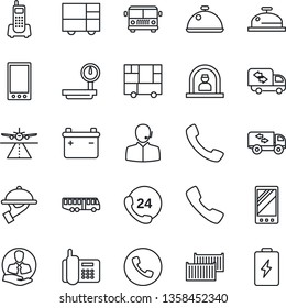 Thin Line Icon Set - runway vector, airport bus, phone, reception, office, 24 hours, client, cargo container, consolidated, heavy scales, mobile, call, support, moving, dish, waiter, battery