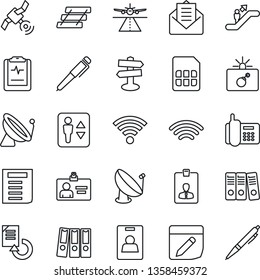 Thin Line Icon Set - runway vector, satellite antenna, elevator, escalator, bomb in case, identity card, document, reload, pulse clipboard, signpost, office phone, mail, sim, notes, wireless, tray