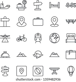 Thin Line Icon Set - runway vector, suitcase, train, reception bell, baggage larry, luggage scales, case, picnic table, bike, signpost, pin, plane, sea shipping, place tag, compass, mountains, earth