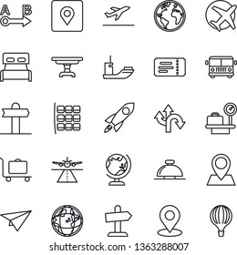 Thin Line Icon Set - runway vector, departure, baggage trolley, airport bus, ticket, reception bell, globe, seat map, luggage scales, route, signpost, earth, pin, plane, sea shipping, place tag