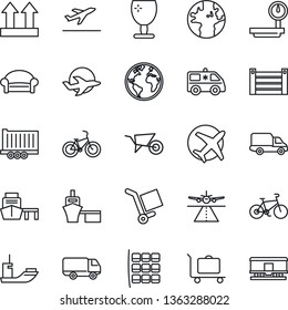 Thin Line Icon Set - runway vector, departure, baggage trolley, waiting area, seat map, wheelbarrow, ambulance car, bike, earth, plane, sea shipping, truck trailer, delivery, port, container, cargo