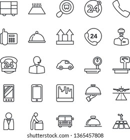 Thin Line Icon Set - Runway Vector, Airport Bus, 24 Around, Reception Bell, Baby Room, Mobile Phone, Doctor, Office, Hours, Car Delivery, Consolidated Cargo, Up Side Sign, Heavy Scales, Search, Call