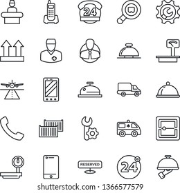 Thin Line Icon Set - Runway Vector, 24 Around, Reception Bell, Mobile Phone, Ambulance Car, Doctor, Office, Hours, Client, Cargo Container, Delivery, Up Side Sign, Heavy Scales, Search, Cell, Call