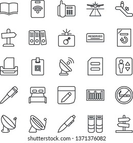 Thin Line Icon Set - runway vector, satellite antenna, elevator, escalator, no smoking, bomb in case, book, pen, document, reload, office phone, barcode, notes, identity card, paper binder, tray