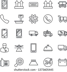 Thin Line Icon Set - Runway Vector, Airport Bus, 24 Around, Phone, Mobile, Ambulance Car, Doctor, Office, Delivery, Cargo, Up Side Sign, Heavy Scales, Search, Cell, Call, Root Setup, Moving, Dish