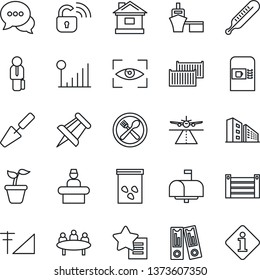Thin Line Icon Set - runway vector, coffee machine, reception, office binder, meeting, drawing pin, trowel, seedling, house, seeds, thermometer, cargo container, sea port, dialog, favorites list